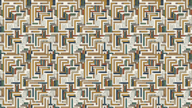 Abstract library maze seamless pattern, geometric bookshelf labyrinth with colorful books, academic literature concept, AI generated illustration
