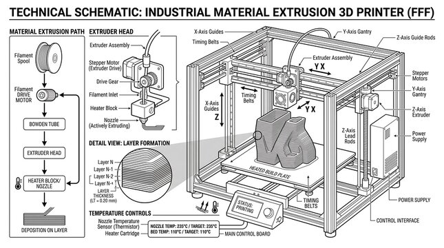 Technical Schematic Diagram of Industrial Material Extrusion 3D Printer FFF