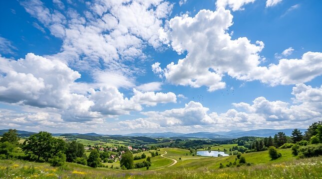 Panoramic summer landscape with fluffy white clouds, rolling green hills under a bright blue sky, scenic rural countryside view