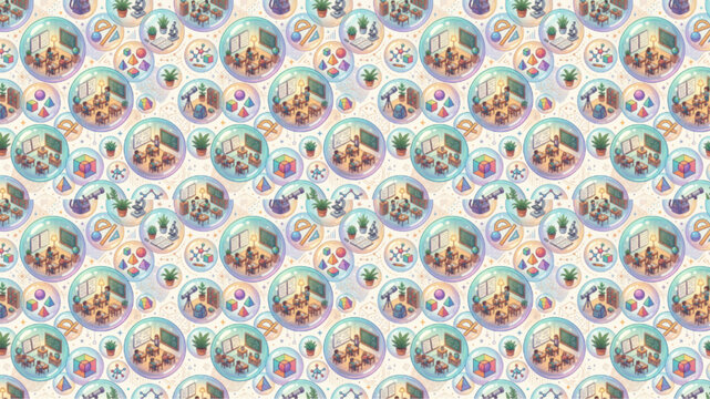 Seamless isometric pattern of office and classroom scenes in transparent bubbles, soft pastel lighting, playful digital art, AI Generated.