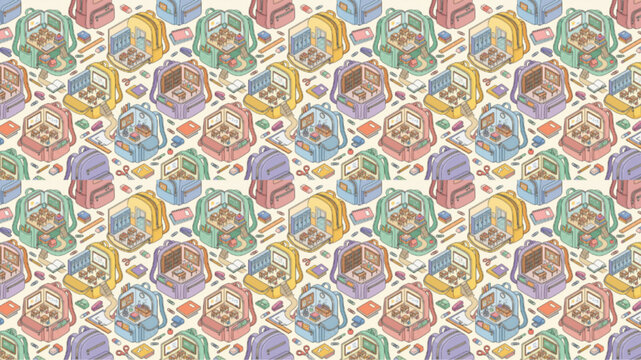 Seamless pattern of colorful isometric school backpacks and stationery supplies. AI generated illustration for back to school theme with soft pastel colors and playful mood.