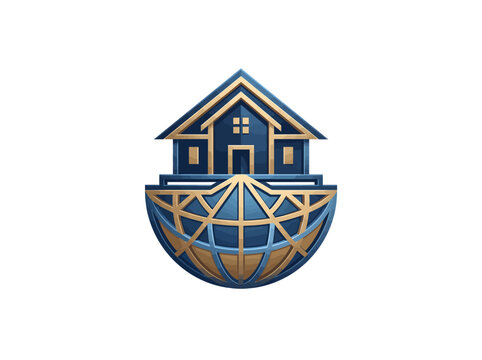 Blue and gold global real estate logo icon representing international property market