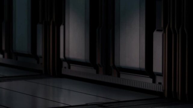 A view of the interior walls of a futuristic structure. The design shows sleek surfaces and a combination of dark colors. Light reflects off the surfaces, creating a modern look.