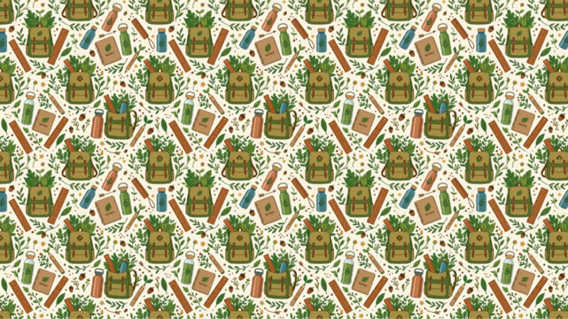 Seamless pattern of zero waste lifestyle items, reusable bottles, and backpacks. Sustainable eco-friendly illustration with earthy tones.