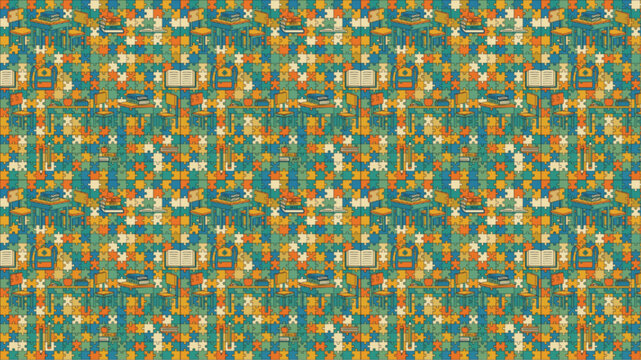 Seamless abstract geometric pattern with teal, orange, and yellow mosaic blocks. Retro mid-century modern digital background for textile design. AI generated.