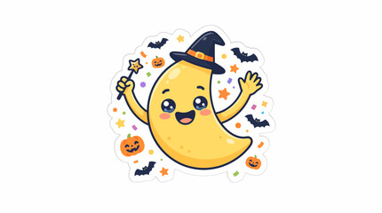 Fototapeta premium Happy crescent moon character wearing a cute black witch hat while holding a magic wand surrounded by playful pumpkins and flying bats in this vibrant and fun halloween vector illustration