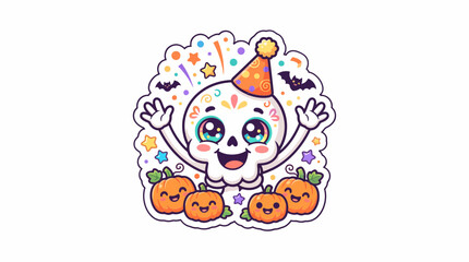 Fototapeta premium Festive skull character illustration wearing a colorful party hat surrounded by happy smiling pumpkins and floating confetti bats designed as a fun holiday sticker for creative autumn celebration 