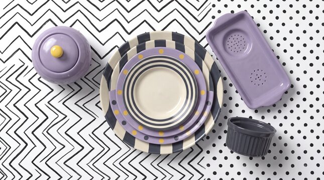 Elegant lavender and purple ceramic dishware set on geometric patterned background