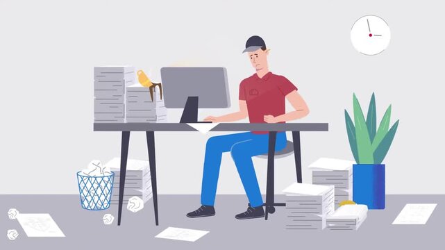 Animated Office Worker Sitting at a Desk Surrounded by Paperwork and Workplace Clutter