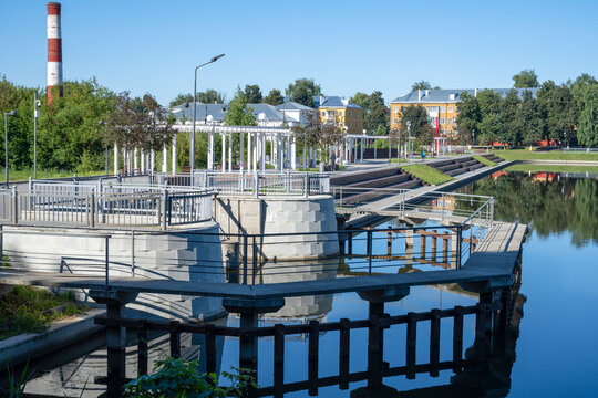 The embankment and dam of the urban pond. Bogoroditsk, Tula region, Russia
