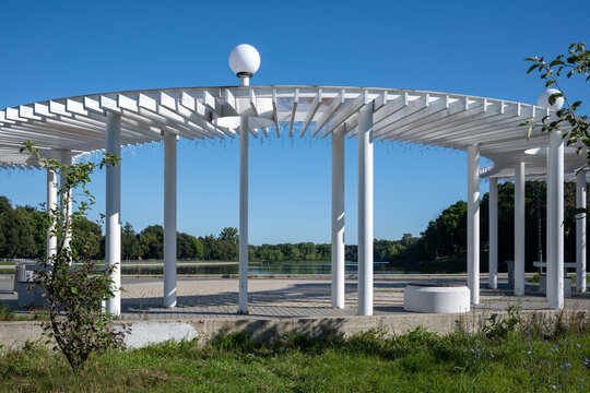 A modern colonnade on the embankment of the Uperta River. Bogoroditsk, Tula region, Russia