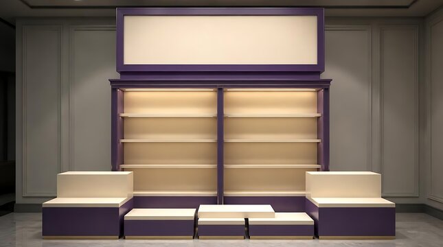 Modern Retail Display Shelf Unit with Seating and Coffee Table.