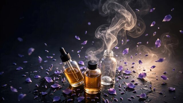 Luxury Essential Oils and Purple Petals in Dramatic Smoke