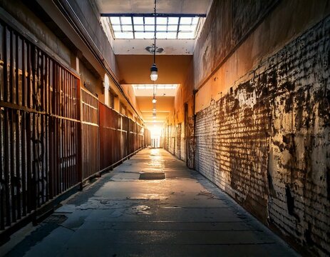 Abandoned Prison Hallway with Rusty Jail Cells and Dramatic Sunlight