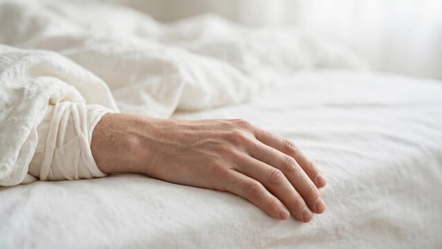 Relaxed Hand Resting on White Bedding in Soft Light
