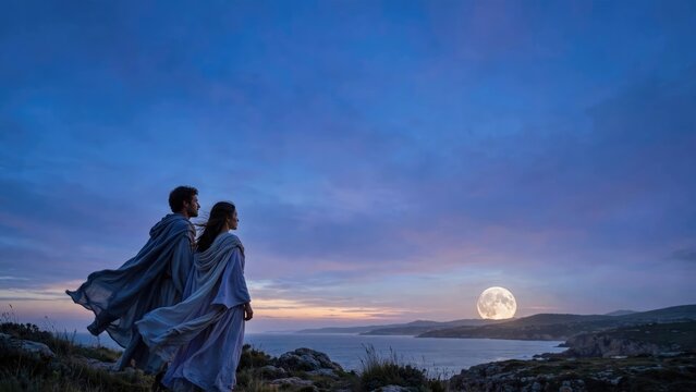 Romantic Couple Viewing Sunset Over the Ocean at Twilight