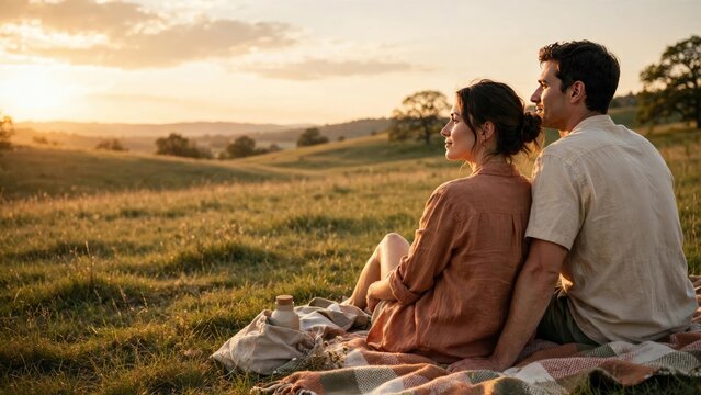 Romantic couple enjoying golden hour sunset view