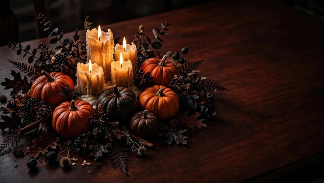 Rustic Autumn Decor: Pumpkins, Candles, and Foliage Arrangement