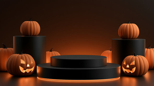 Empty black Halloween display podium with pumpkins and warm lights on a dark orange backdrop