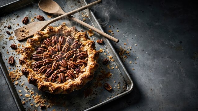 Rustic Pecan Pie on Baking Sheet with Crumbs and Steam