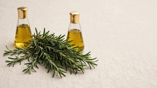 Rustic Still Life with Rosemary Herbs and Natural Oil Bottles