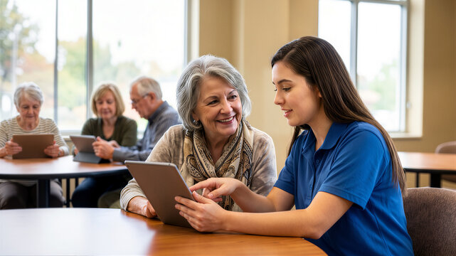 Young Volunteer Teaching Smiling Senior Woman How to Use Digital Tablet in Bright Community Center