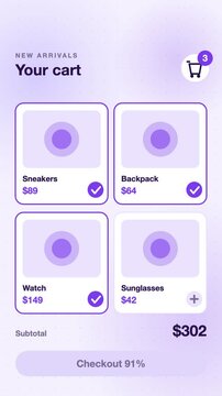 Shopping cart items counter add to cart animation, violet flat design vertical 9:16 seamless loop HD motion graphic background