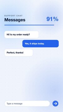 Chat conversation message thread animation, blue flat design vertical 9:16 seamless loop HD motion graphic background