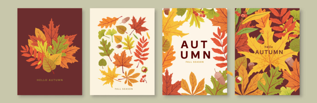 Autumn leaves poster and cover templates set with colorful fall foliage. Vector seasonal backgrounds featuring maple, oak leaves, text space, noise texture for posters, cards, banners