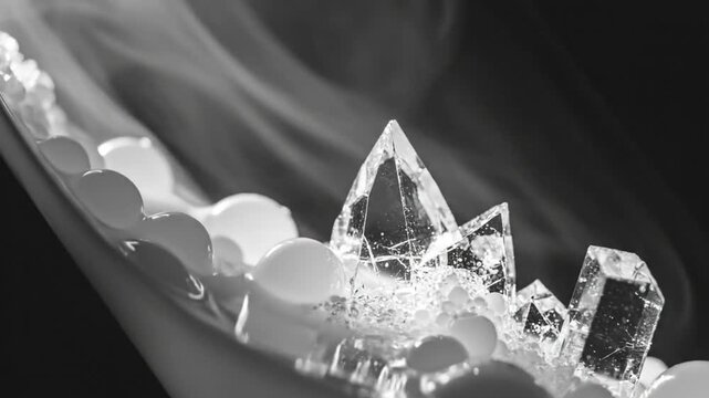 Black and white close up of a geometric quartz crystal formation with orbs and steam against a dark background