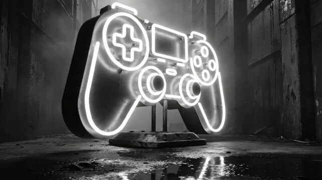 Neon illuminated game controller sculpture in a damp, industrial urban alleyway with a reflective surface.
