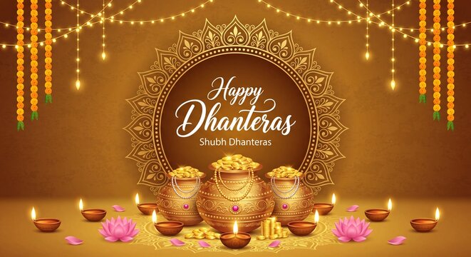 Happy Dhanteras - poster template design with gold coin in pot and decorative diya lamp.