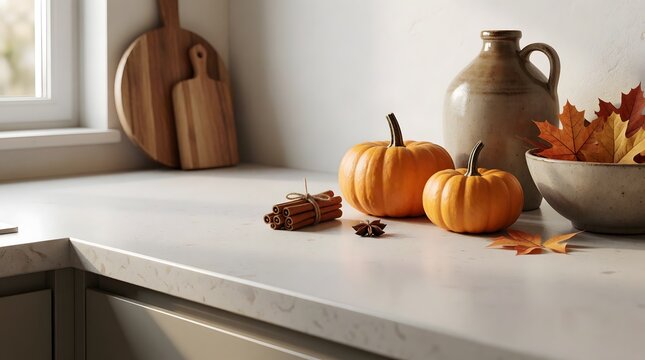 Warm Halloween Kitchen Counter with Pumpkins and Autumn Decor