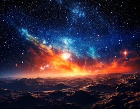 Cinematic Alien Planet Surface with Vibrant Nebula and Starry Deep Space Sky