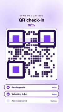 QR code scanning and validation animation, violet flat design vertical 9:16 seamless loop HD motion graphic background