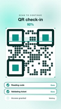 QR code scanning and validation animation, teal flat design vertical 9:16 seamless loop HD motion graphic background
