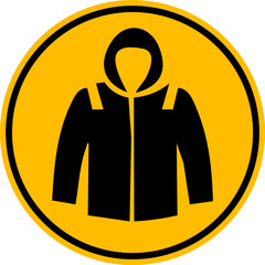 Mandatory ppe hooded parka jacket warning sign icon with yellow background © Moshiur