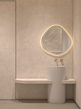 Modern minimalist bathroom interior with sculptural vessel sink, organic backlit mirror, warm beige plaster walls and custom stone countertop in a refined contemporary design.
