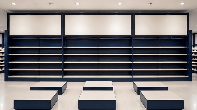 Empty retail store shelves and display tables in a modern commercial space.