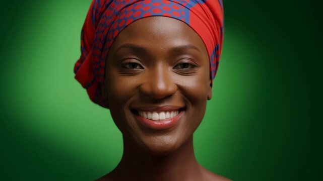 Smiling woman in colorful headwrap facing forward against a green background