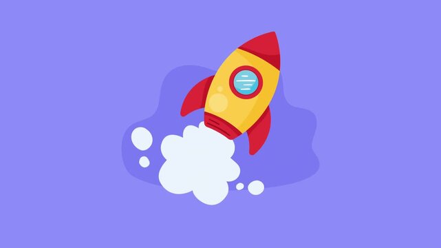 Red and yellow rocket launching with white smoke trail on purple background animation.