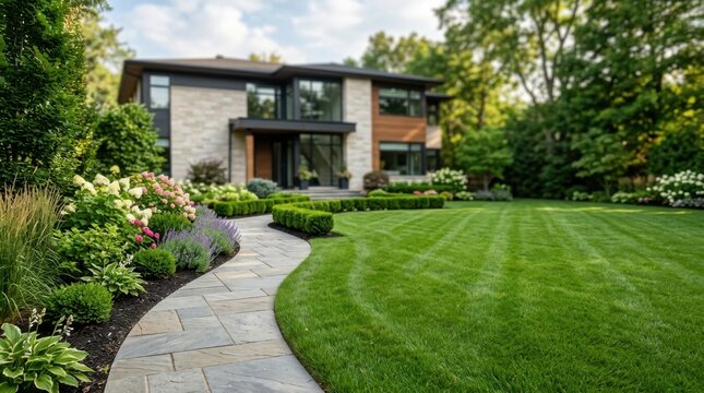 Pristine green lawn highlights curved gray stone path and manicured flower borders leading to large contemporary family home.