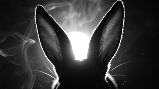 Black and white close up of rabbit ears with smoke and light illuminating behind the silhouette