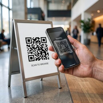 Hand scanning QR code on display stand with smartphone in modern business lobby