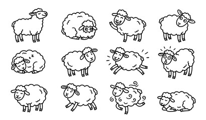 Obraz premium Funny Cute Sheep Character Hand Drawn Black Outline Doodle Vector Set
