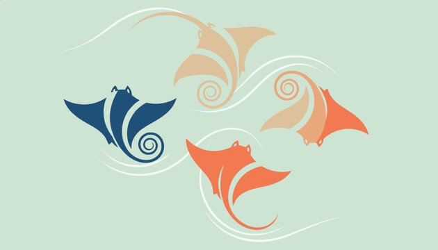 Stylized manta rays swimming together in a swirling ocean current depicted in a modern flat vector illustration.