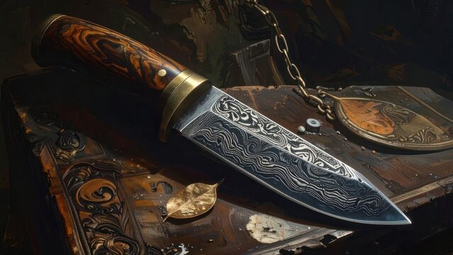 Damascus steel hunting knife on an ornate surface.