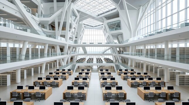 Modern futuristic library interior with rows of desks and computer monitors