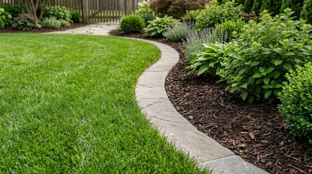 Stone garden edging defines curve between vibrant green lawn and dark mulch plant bed with hostas and lavender flower decor.