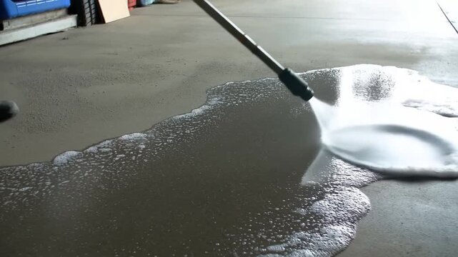 Pressure washer spraying soapy water across concrete garage floor